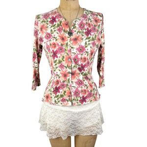 Cottagecore Floral Cardigan Button Up Lettuce Edge Top Sz S Boho Romantic